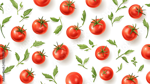 playful and colorful seamless pattern of tomatoes and fresh basil leaves creates vibrant and lively design. This delightful arrangement is perfect for food related themes