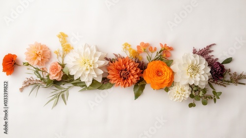 A stunning horizontal arrangement of various flowers with different colors and textures, captured on a plain white backdrop, giving a fresh and artistic vibe.