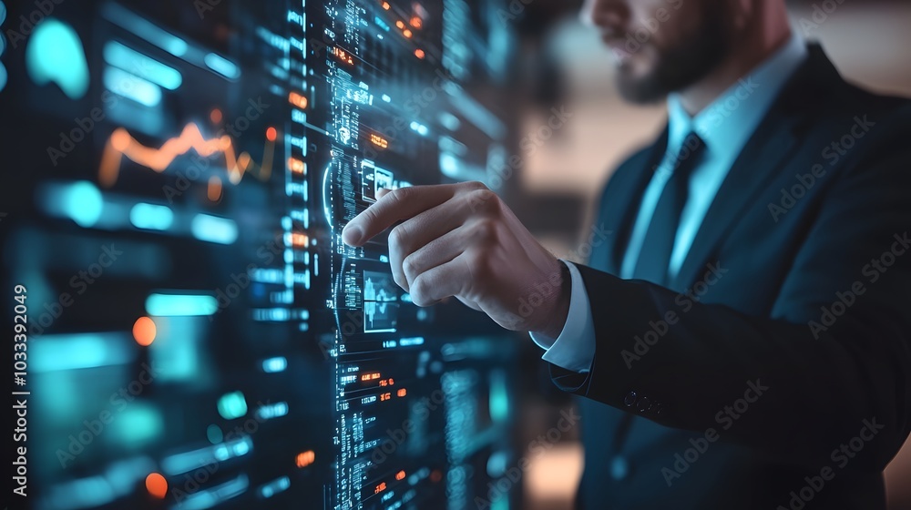 Man in Suit Interacting with Futuristic Digital Interface Man in Suit Interacting with Futuristic Digital Interface