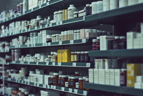 Plenty of medicine jar on wooden shelf in pharmacy, Drug store with pill in the shelf, Close up shot vitamin bottle in medicine shop.