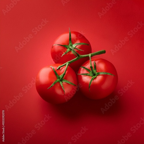 red tomatoes on red background, square food photography 