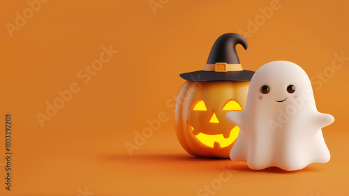 Cute little ghost scares everyone with a smiling carved pumpkin on an orange background. Digital banner for Halloween with place for text