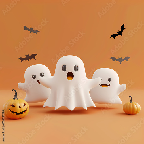 Three cute little ghosts scare for Halloween. Digital illustration