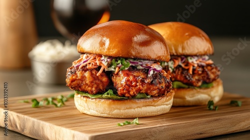 A scrumptious chicken burger topped with vibrant coleslaw sits on a wooden platter. It looks savory and ready to be savored with its juicy layers. photo