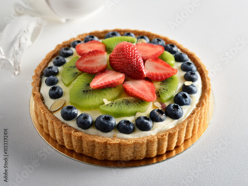 A delicious pie topped with a colorful assortment of fresh fruit and crunchy nuts, ready to be served, ai.