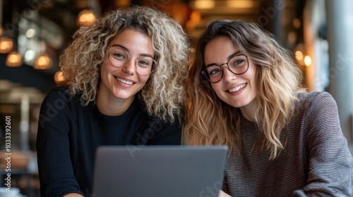 Two cheerful friends with curly hair and glasses enjoy coffee at a cozy cafe. Working on laptops, they share a moment of joy, connection, and productivity.