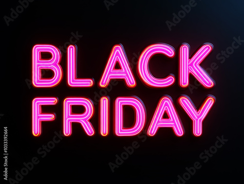 Neon Black Friday sign glowing in bright pink letters, set against a dark background, highlighting a bold and dynamic call to action for sales promotions and shopping events..