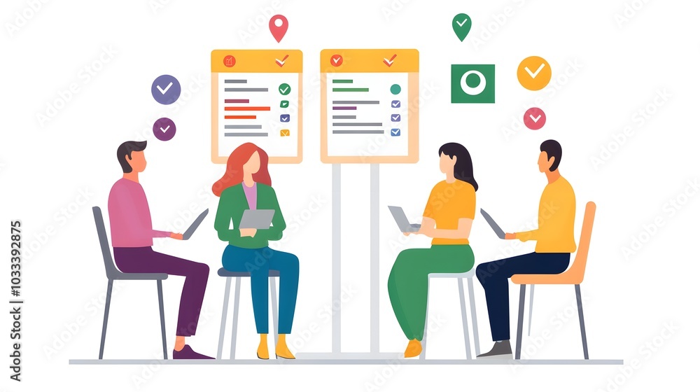 Woman working on laptop in office, vector illustration Woman working on laptop in office, vector illustration