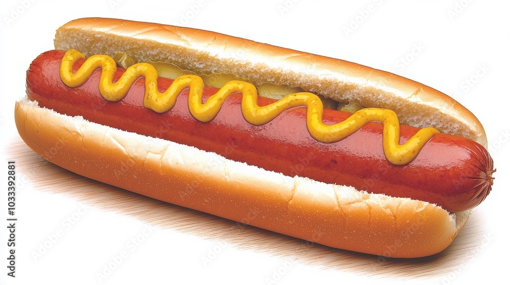 Classic Hot Dog with Mustard and Pickles on Bun Classic Hot Dog with Mustard and Pickles on Bun