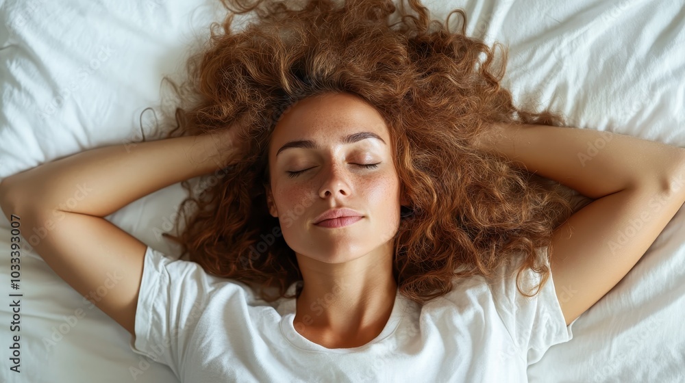 A woman lies peacefully in bed, eyes closed, with curly hair spread around her, embodying tranquility and relaxation on fresh white sheets in a serene setting. A woman lies peacefully in bed, eyes closed, with curly hair spread around her, embodying tranquility and relaxation on fresh white sheets in a serene setting.