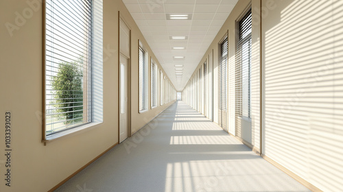 A long hallway in an office building with large windows and doors