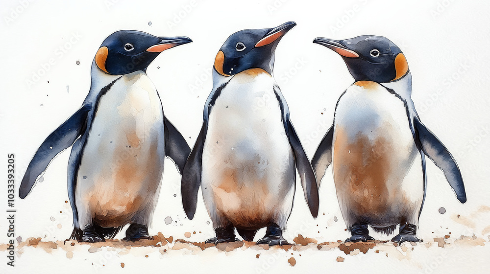 Obraz premium Cute Penguins on an Isolated White Background in a Winter Watercolor Style