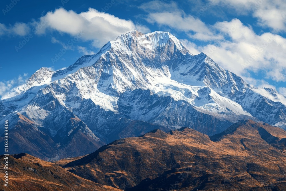 Majestic snow-capped mountain peak under a clear blue sky with fluffy clouds and golden hills in the foreground. Majestic snow-capped mountain peak under a clear blue sky with fluffy clouds and golden hills in the foreground.