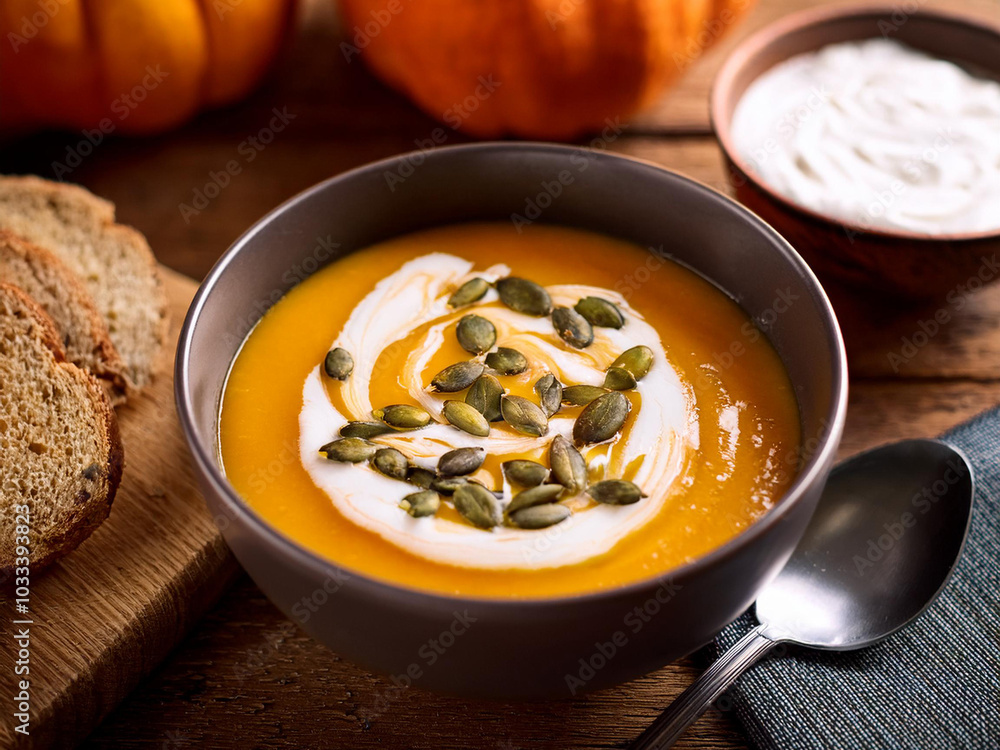 Creamy pumpkin soup topped with crunchy pumpkin seeds, served alongside slices of fresh pumpkin bread, ai. Creamy pumpkin soup topped with crunchy pumpkin seeds, served alongside slices of fresh pumpkin bread, ai.