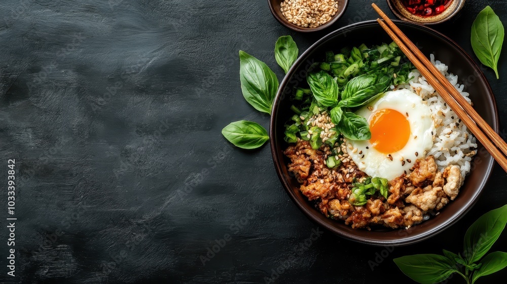 A delectable rice bowl topped with a sunny-side-up fried egg, seasoned meat, and fresh herbs, creating an inviting and colorful dish in a rustic ceramic bowl. A delectable rice bowl topped with a sunny-side-up fried egg, seasoned meat, and fresh herbs, creating an inviting and colorful dish in a rustic ceramic bowl.