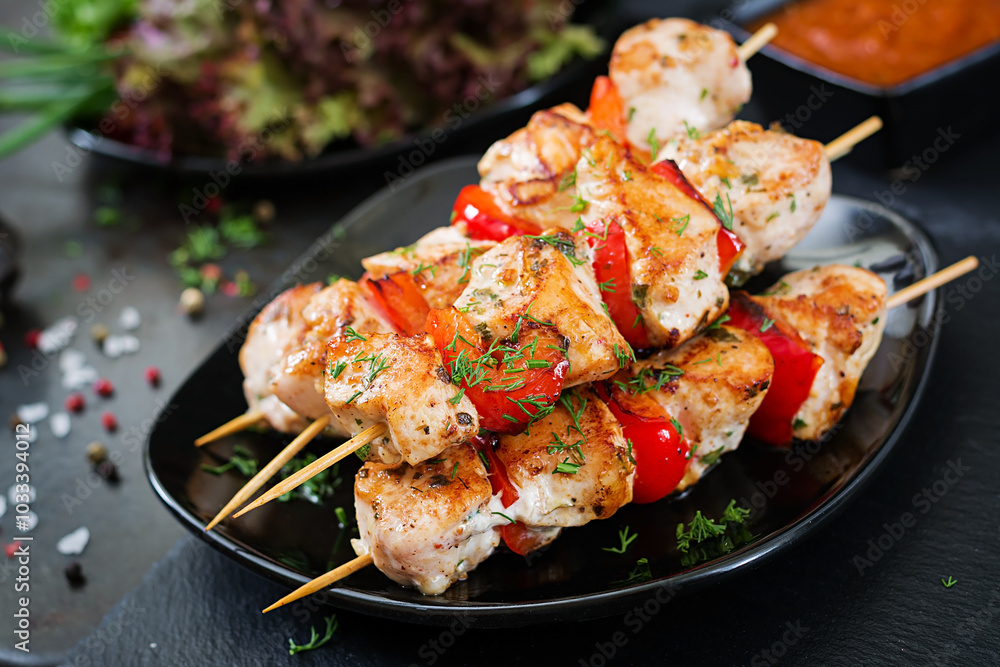 Chicken skewers with slices of sweet peppers and dill. Tasty food. Weekend meal. Chicken skewers with slices of sweet peppers and dill. Tasty food. Weekend meal.