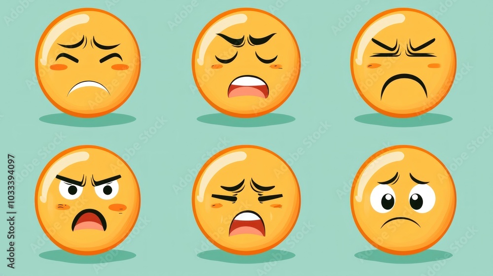 A series of six yellow faces with different expressions A series of six yellow faces with different expressions