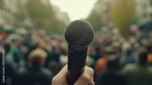 Confident Speaker Holding Microphone at Public Announcement - Inspiring Communication Concept