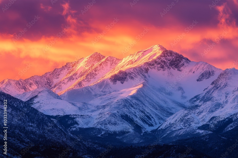 A majestic mountain range bathed in the warm glow of a fiery sunset. A majestic mountain range bathed in the warm glow of a fiery sunset.