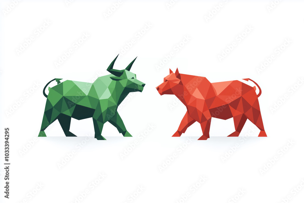 Two bears, one green and one red, are walking towards each other Two bears, one green and one red, are walking towards each other