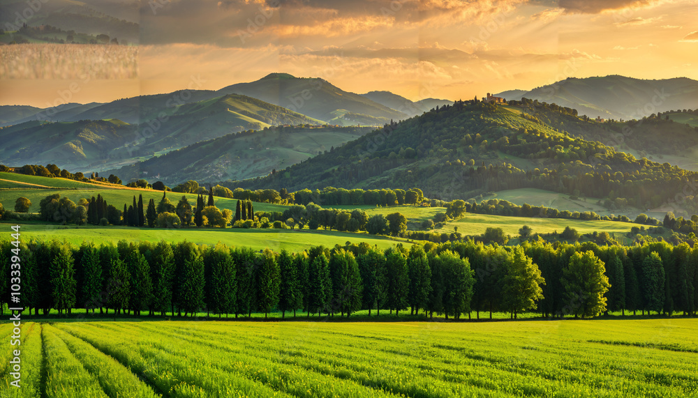 Naklejka premium Éclat du Soir sur les Collines Verdoyantes