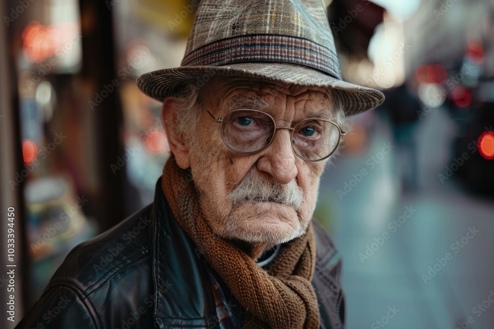 Portrait of a senior man with a hat and scarf standing in a city Portrait of a senior man with a hat and scarf standing in a city