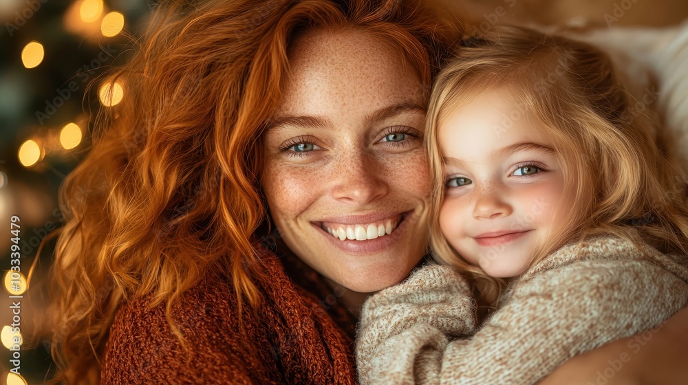 A tender moment between a mother and daughter wrapped in warm sweaters, both smiling affectionately, surrounded by the ambiance of Christmas lights and love. A tender moment between a mother and daughter wrapped in warm sweaters, both smiling affectionately, surrounded by the ambiance of Christmas lights and love.