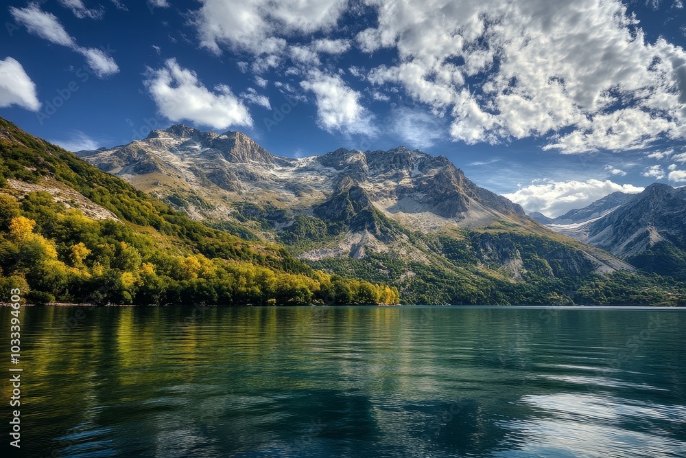 A serene mountain lake with a reflection of the surrounding mountains in the still water, under a blue sky with fluffy white clouds. A serene mountain lake with a reflection of the surrounding mountains in the still water, under a blue sky with fluffy white clouds.