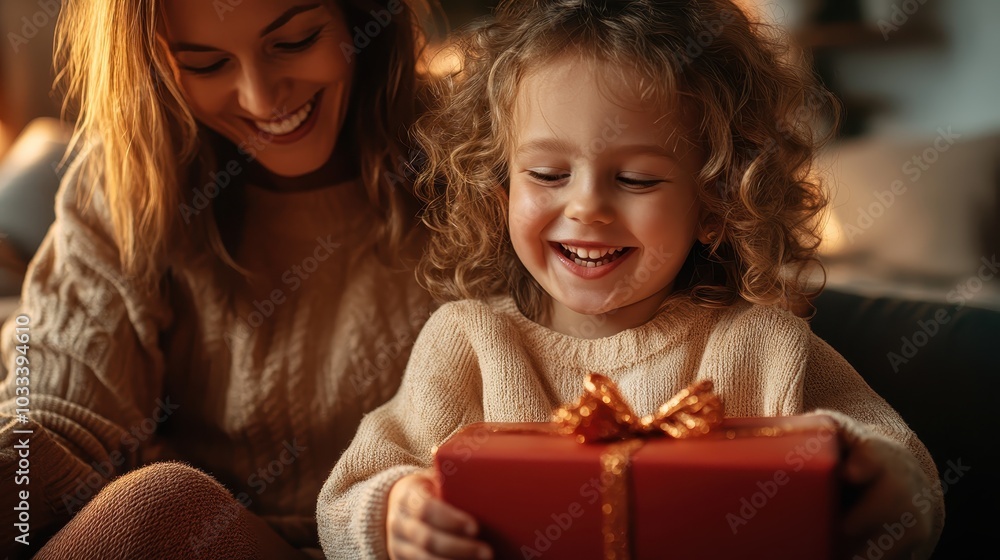 The image features a joyful mother and daughter sharing a happy moment while opening a beautifully wrapped gift, filled with warmth and festive spirit. The image features a joyful mother and daughter sharing a happy moment while opening a beautifully wrapped gift, filled with warmth and festive spirit.