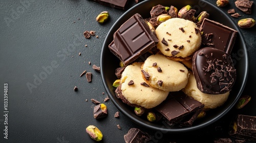 A plate full of assorted cookies topped with pieces of dark chocolate and surrounded by pistachios, capturing the essence of sweet gourmet indulgence. photo