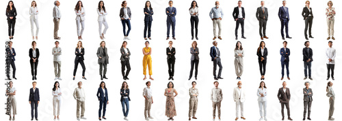 Many business people set isolated background, casual formal attire wear, full body length, networking mixed different diversed businesspeople, happy male female, successful career, crisp edges style