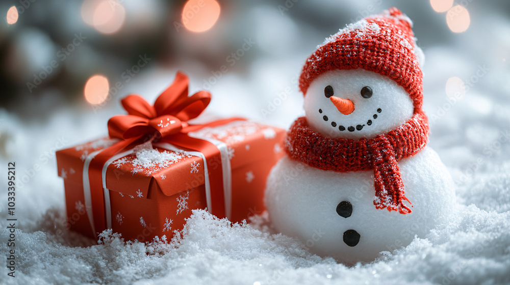 A snowman wearing a red knit hat and scarf stands beside a snowflake-patterned red gift box, surrounded by soft snow under warm lights A snowman wearing a red knit hat and scarf stands beside a snowflake-patterned red gift box, surrounded by soft snow under warm lights