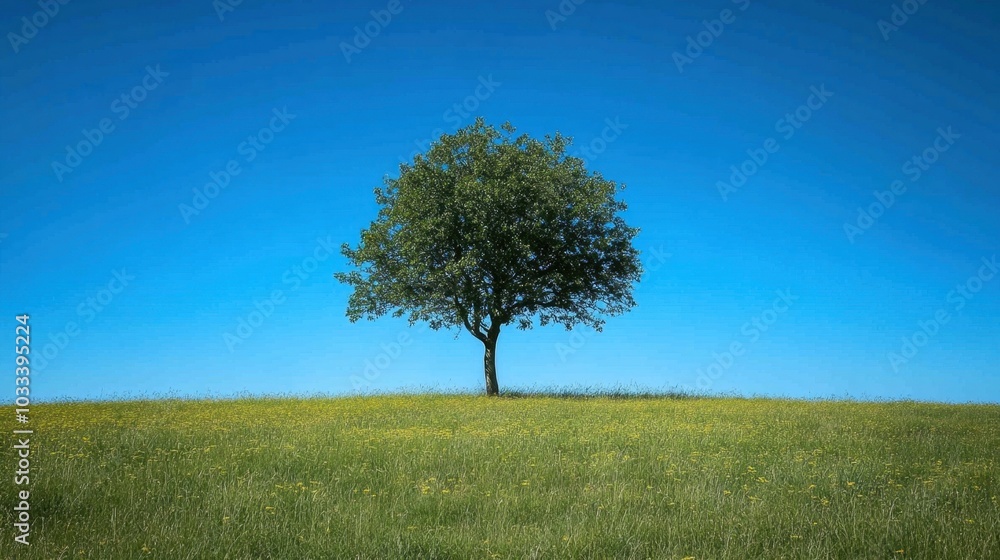 Serene Solitude: Majestic Maple Tree in Vast Meadow under Clear Blue Sky Serene Solitude: Majestic Maple Tree in Vast Meadow under Clear Blue Sky