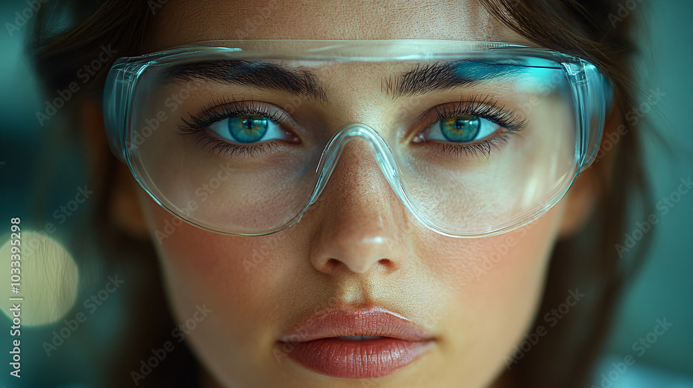 A striking close-up of a female scientist's blue eyes behind protective goggles, the background blurring into soft hues of blue and green A striking close-up of a female scientist's blue eyes behind protective goggles, the background blurring into soft hues of blue and green