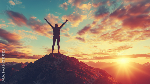 A silhouette of a person standing victoriously on a mountain peak during a vibrant sunset. The image represents achievement, success, and the joy of reaching the top, with dramatic clouds and colors i