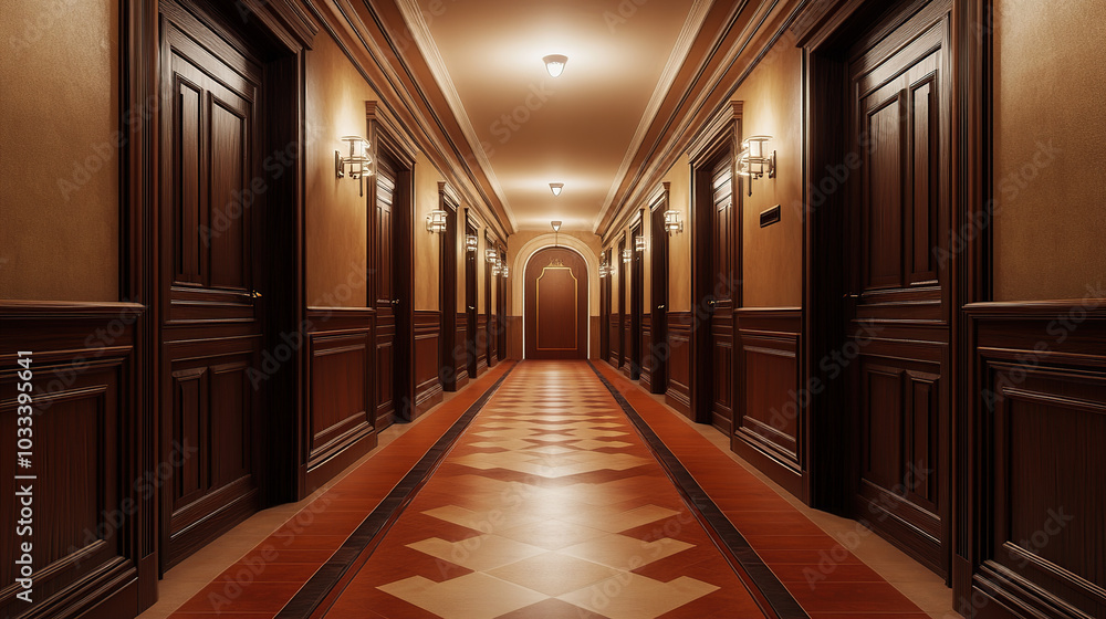 A long corridor with brown doors and terracotta tiles, a classic European-style hotel hallway