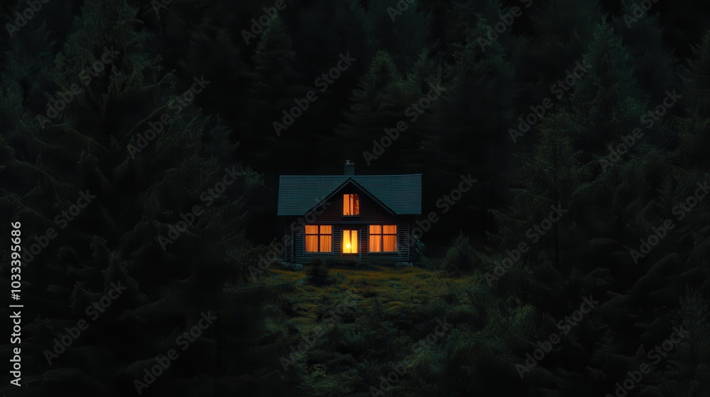 A cozy cabin illuminated in warm light stands amidst dense, dark woods, creating a serene and inviting atmosphere in nature. A cozy cabin illuminated in warm light stands amidst dense, dark woods, creating a serene and inviting atmosphere in nature.