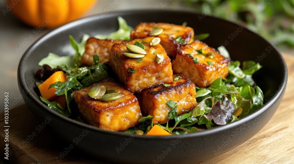 A hearty salad showcasing seared tofu cubes over a vibrant bed of foliage, enriched with seasonal vegetables and toasted seeds for added crunch. A hearty salad showcasing seared tofu cubes over a vibrant bed of foliage, enriched with seasonal vegetables and toasted seeds for added crunch.