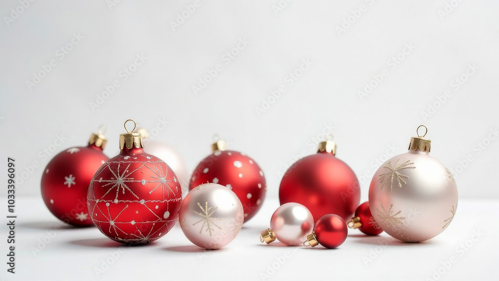 Red and white Christmas balls on a white background. Free space for text. Red and white Christmas balls on a white background. Free space for text.