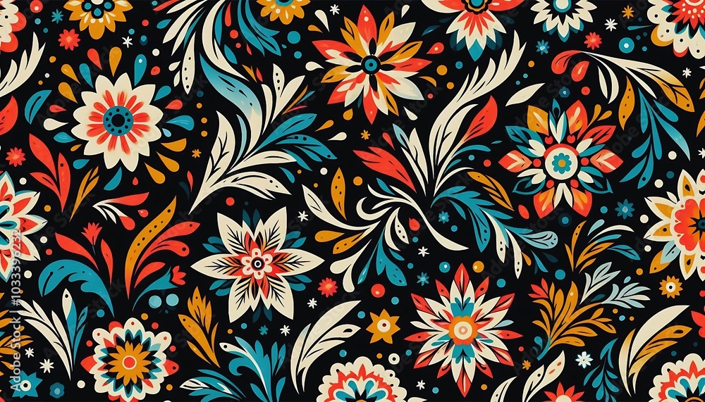 A simple wallpaper pattern of flowers, leaves, and splashes in bright colors in a Mexican folk art style on a black background. A simple wallpaper pattern of flowers, leaves, and splashes in bright colors in a Mexican folk art style on a black background.
