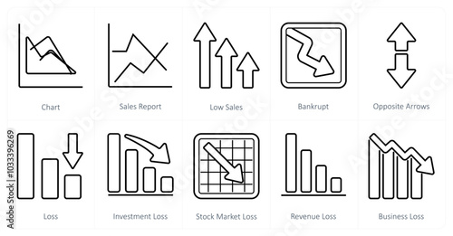 A set of 10 Diagrams and Reports icons as chart, sales report, low sales