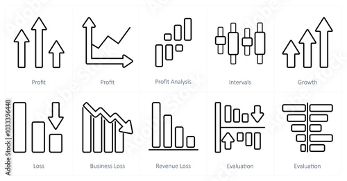 A set of 10 Diagrams and Reports icons as profit, profit analysis, intervals