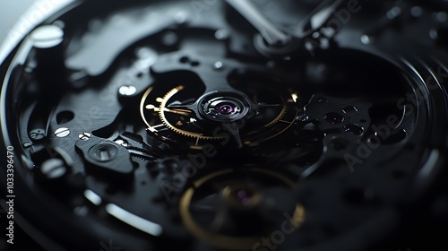 Intricate dismantled mechanical watch with detailed gears and springs on dark background, symbolizing precision and complexity in teardown analysis. photo