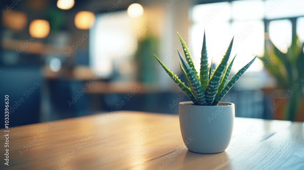 A small potted succulent plant sits on a wooden table in a cafe setting. A small potted succulent plant sits on a wooden table in a cafe setting.