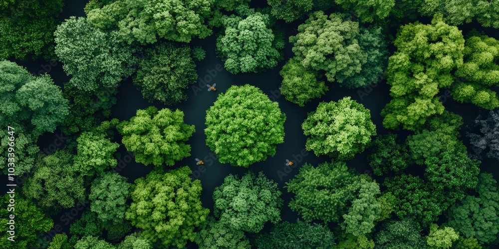 Aerial View of Lush Green Forest Canopy with Bees Flying Above Aerial View of Lush Green Forest Canopy with Bees Flying Above