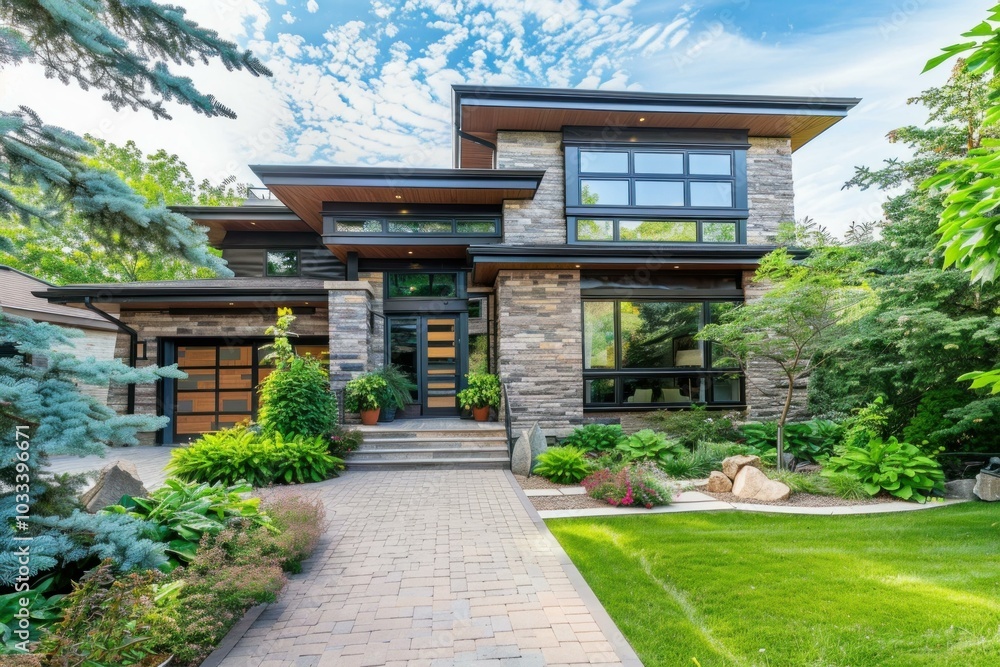 Beautiful modern stone house with a garage and a landscaped garden on a sunny day Beautiful modern stone house with a garage and a landscaped garden on a sunny day