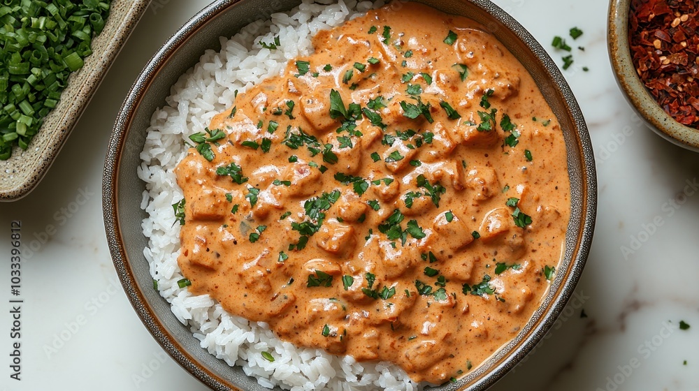 Creamy dish served over rice, garnished with herbs and spices. Creamy dish served over rice, garnished with herbs and spices.