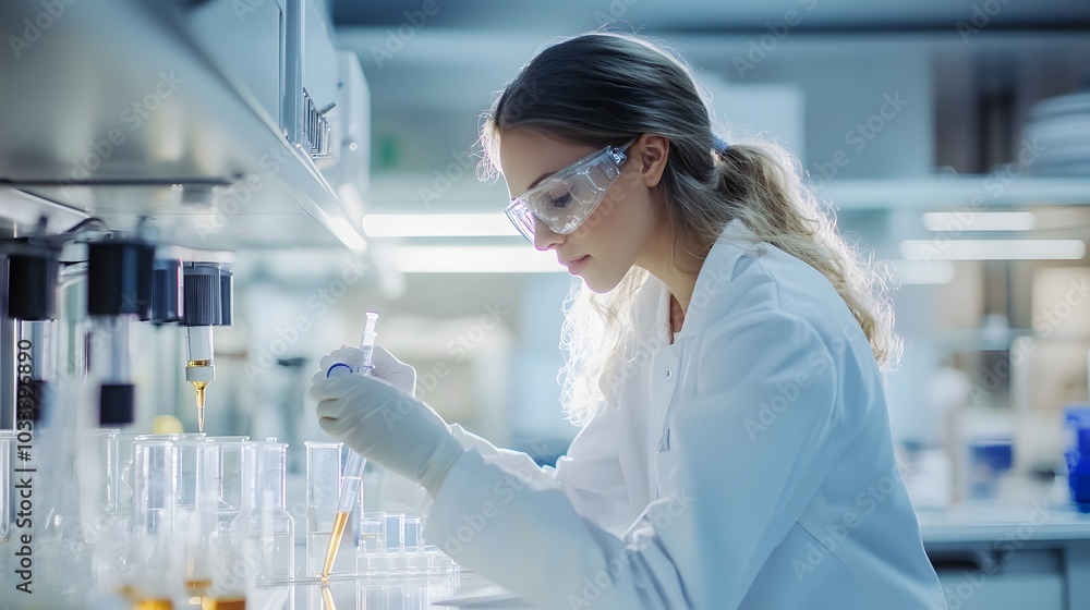 Female Scientist in Lab Coat Performing Experiment with Pipette and Test Tubes