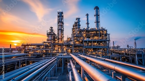 Wallpaper Mural Sunset over an oil refinery with pipelines stretching into the horizon, capturing the industrial landscape and energy production infrastructure. Torontodigital.ca