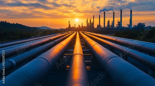 Sunset over an oil refinery with pipelines stretching into the horizon, capturing the industrial landscape and energy production infrastructure.